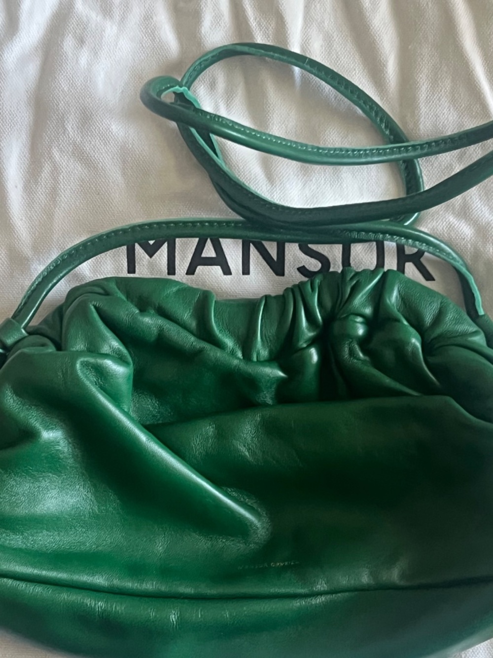 Mansur Gavriel Mini Cloud Clutch Emerald Green Leather with Slim Shoulder Strap
